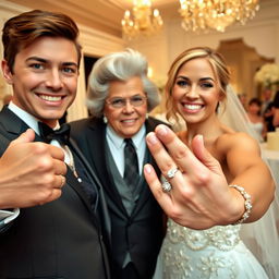 A joyful bride with a radiant smile proudly showcasing her stunning engagement ring stands next to her groom, a handsome and very attractive man with captivating features