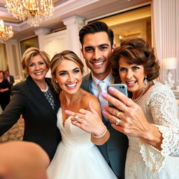 A joyful bride with a radiant smile proudly showcasing her stunning engagement ring stands next to her groom, a handsome and very attractive man with captivating features