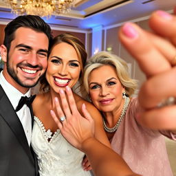 A joyful bride with a radiant smile proudly showcasing her stunning engagement ring stands next to her groom, a handsome and very attractive man with captivating features