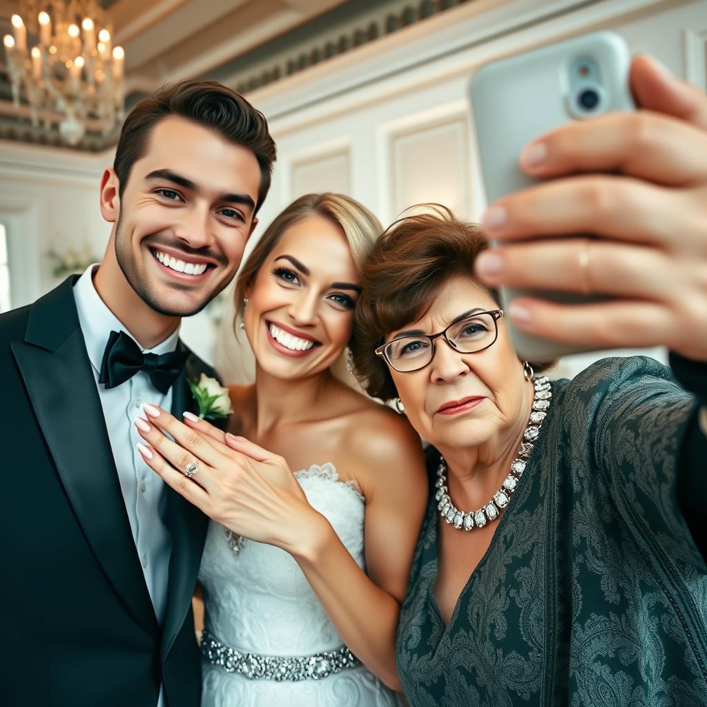 A joyful bride with a radiant smile proudly showcasing her stunning engagement ring stands next to her groom, a handsome and very attractive man with captivating features