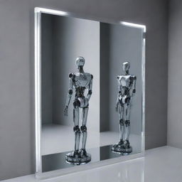 Modify the previous image so the reflection of the AI in the mirror is distinctly robotic with visible machinery and metallic features.