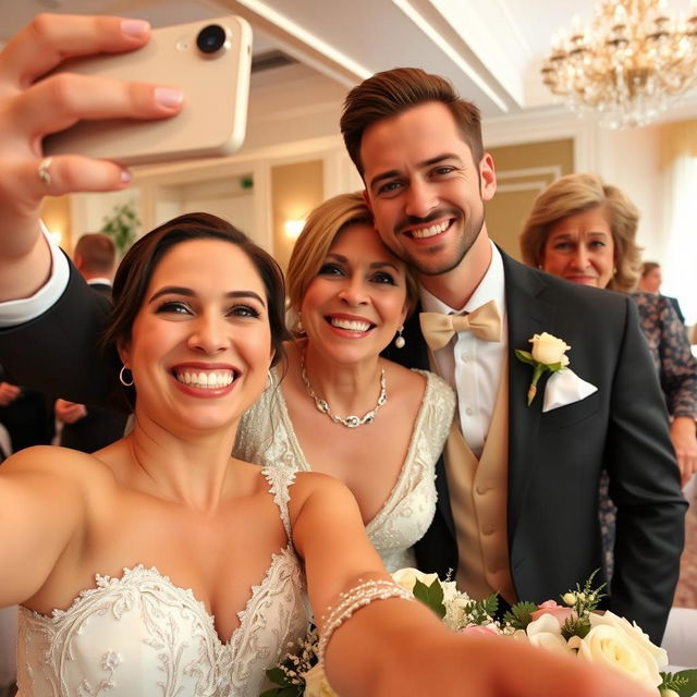 A happy bride taking a selfie with her glowing smile stands next to her groom, a handsome and very attractive man whose charm captivates everyone around