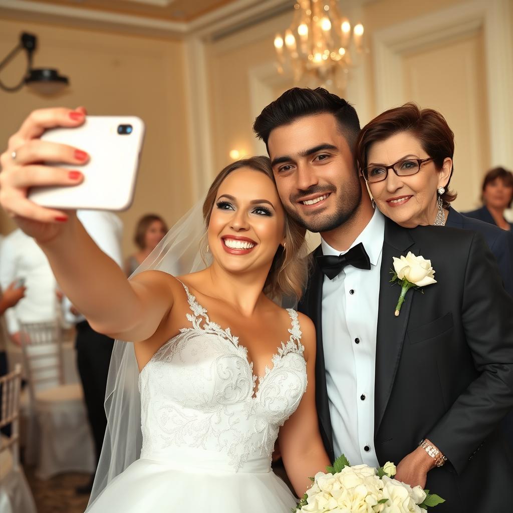 A happy bride taking a selfie with her glowing smile stands next to her groom, a handsome and very attractive man whose charm captivates everyone around