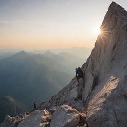 An individual bravely climbing a steep, rocky mountain, with a distant but visible summit above and the rising sun breaking through the clouds as a symbol of hope and perseverance.