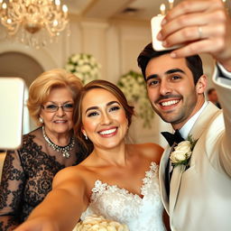 A happy bride taking a selfie with her glowing smile stands next to her groom, a handsome and very attractive man whose charm captivates everyone around