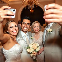 A happy bride taking a selfie with her glowing smile stands next to her groom, a handsome and very attractive man whose charm captivates everyone around