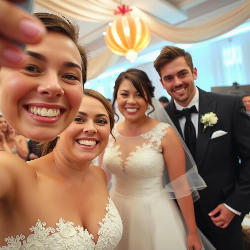 A happy bride is taking a selfie, her beaming smile radiating joy as she poses with her tall, handsome, and attractive groom who appears proud and charming next to her