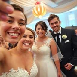 A happy bride is taking a selfie, her beaming smile radiating joy as she poses with her tall, handsome, and attractive groom who appears proud and charming next to her