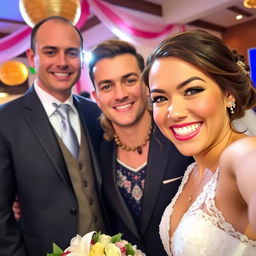 A happy bride is taking a selfie, her beaming smile radiating joy as she poses with her tall, handsome, and attractive groom who appears proud and charming next to her