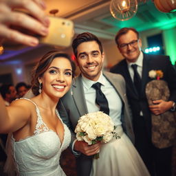 A happy bride is taking a selfie, her beaming smile radiating joy as she poses with her tall, handsome, and attractive groom who appears proud and charming next to her