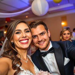 A happy bride is taking a selfie, her beaming smile radiating joy as she poses with her tall, handsome, and attractive groom who appears proud and charming next to her