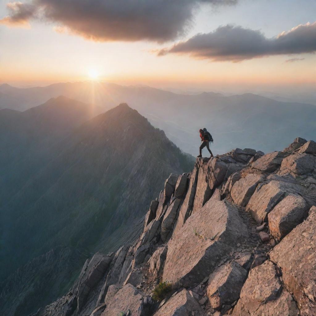 An individual bravely climbing a steep, rocky mountain, with a distant but visible summit above and the rising sun breaking through the clouds as a symbol of hope and perseverance.