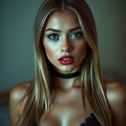 A sexy young woman with medium lips and long straight blonde hair, showcasing an enticing face and flawless skin in a full body shot