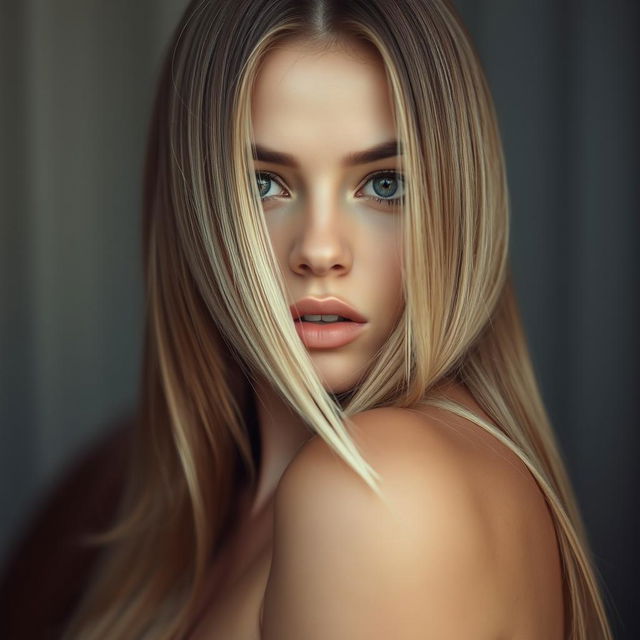 A sexy young woman with medium lips and long straight blonde hair, her face exuding allure and having flawless skin, posed in a full body shot