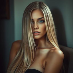 A sexy young woman with medium lips and long straight blonde hair, her face exuding allure and having flawless skin, posed in a full body shot