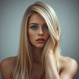 A sexy young woman with medium lips and long straight blonde hair, her face exuding allure and having flawless skin, posed in a full body shot