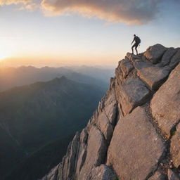 An individual bravely climbing a steep, rocky mountain, with a distant but visible summit above and the rising sun breaking through the clouds as a symbol of hope and perseverance.