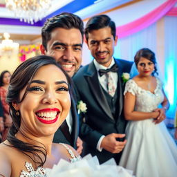 A delighted bride is taking a selfie, her joyful expression shining as she stands next to her groom, a handsome and attractive man with an infectious smile