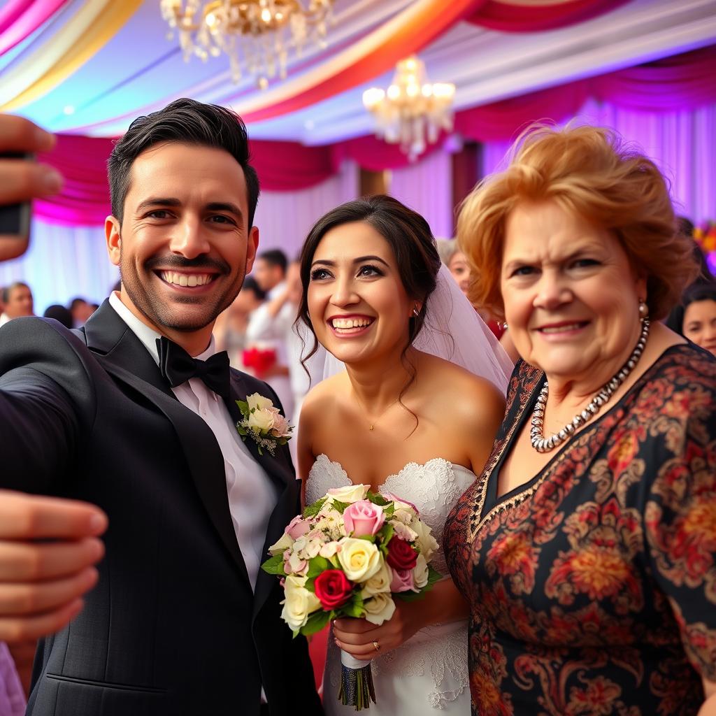 A delighted bride is taking a selfie, her joyful expression shining as she stands next to her groom, a handsome and attractive man with an infectious smile