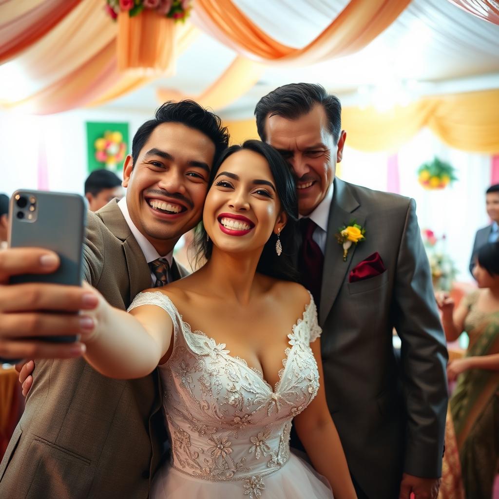 A delighted bride is taking a selfie, her joyful expression shining as she stands next to her groom, a handsome and attractive man with an infectious smile