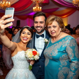 A delighted bride is taking a selfie, her joyful expression shining as she stands next to her groom, a handsome and attractive man with an infectious smile