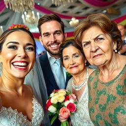 A joyful bride is capturing a selfie, her radiant smile reflecting her happiness as she stands next to her groom, a handsome and attractive man with a warm smile