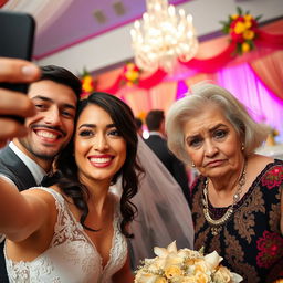 A joyful bride is capturing a selfie, her radiant smile reflecting her happiness as she stands next to her groom, a handsome and attractive man with a warm smile