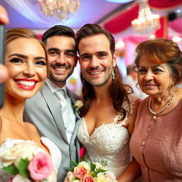 A joyful bride is capturing a selfie, her radiant smile reflecting her happiness as she stands next to her groom, a handsome and attractive man with a warm smile