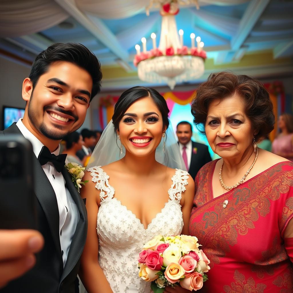 A joyful bride is capturing a selfie, her radiant smile reflecting her happiness as she stands next to her groom, a handsome and attractive man with a warm smile