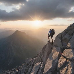 An individual bravely climbing a steep, rocky mountain, with a distant but visible summit above and the rising sun breaking through the clouds as a symbol of hope and perseverance.