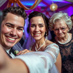 A joyful bride is capturing a selfie, her radiant smile reflecting happiness as she stands next to her handsome and attractive groom