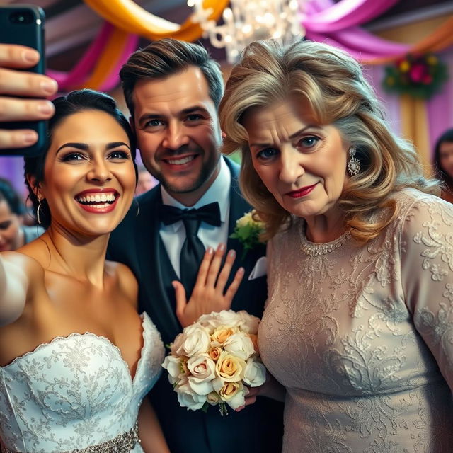 A joyful bride is capturing a selfie, her radiant smile reflecting happiness as she stands next to her handsome and attractive groom