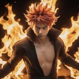 A dynamic male anime character with flaming hair and eyes, posed in the midst of casting a spectacular fire-based technique.