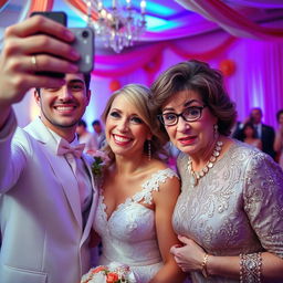 A joyful bride is capturing a selfie, her radiant smile reflecting happiness as she stands next to her handsome and attractive groom