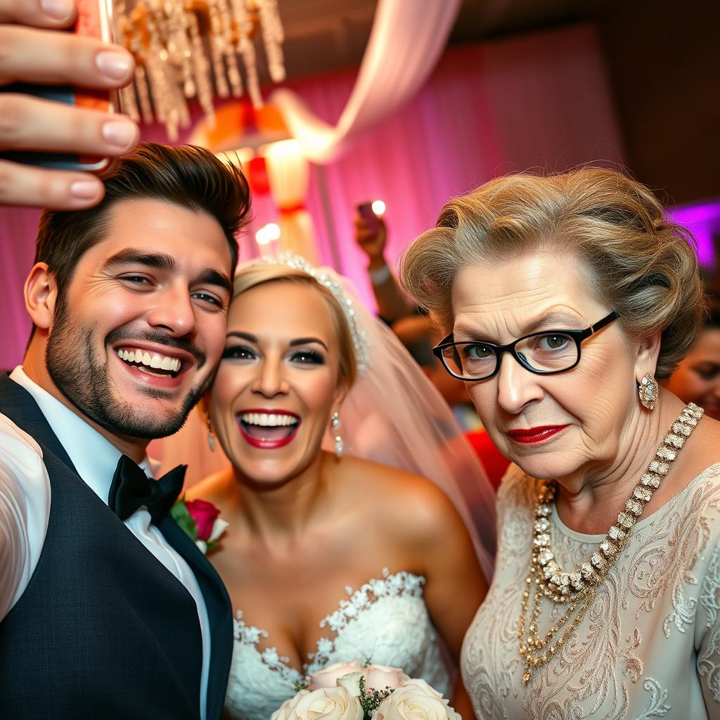 A joyful bride is capturing a selfie, her radiant smile reflecting happiness as she stands next to her handsome and attractive groom