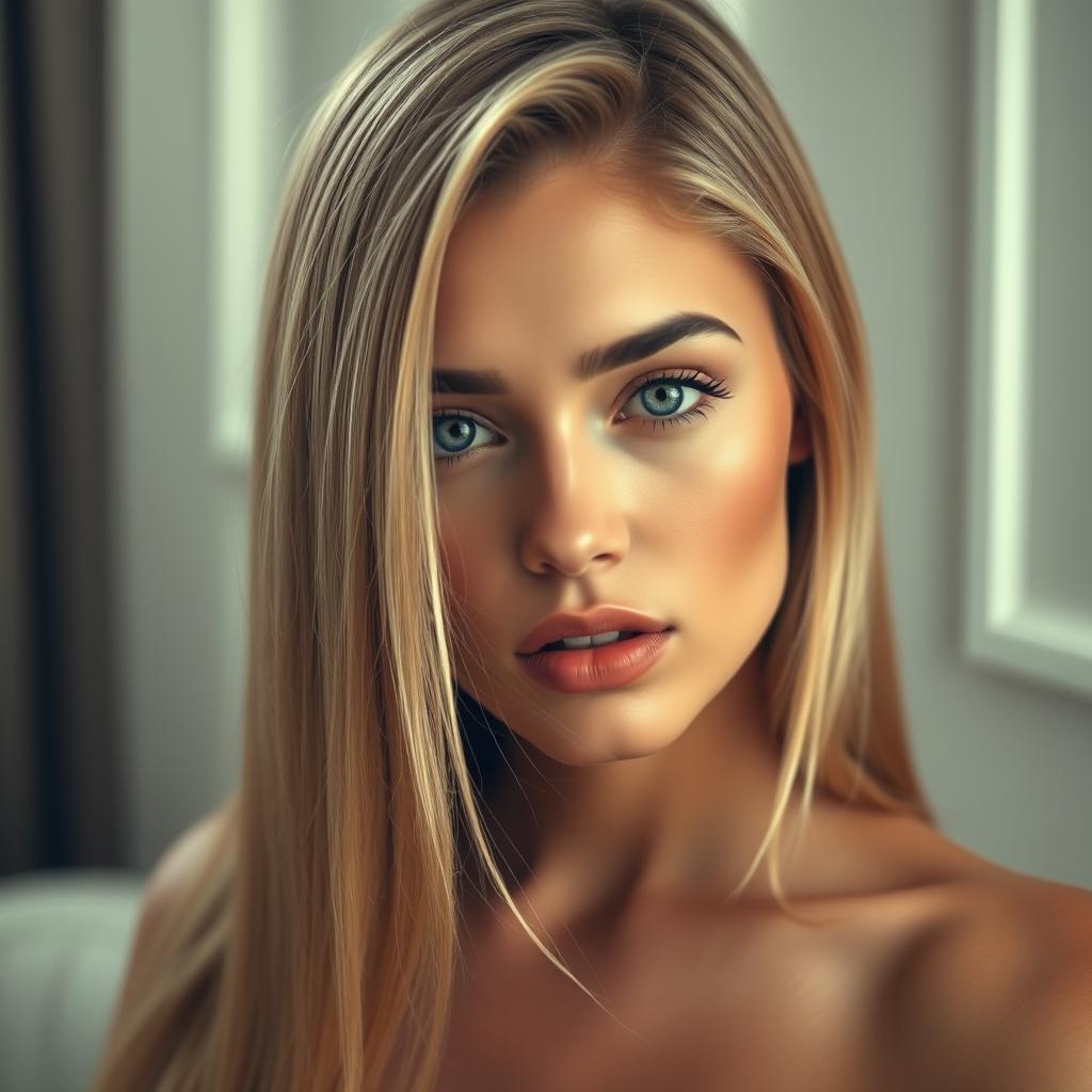 A sexy young woman with medium lips and long straight blonde hair, her captivating face featuring flawless skin, captured in a full body shot