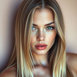 A sexy young woman with medium lips and long straight blonde hair, her captivating face featuring flawless skin, captured in a full body shot