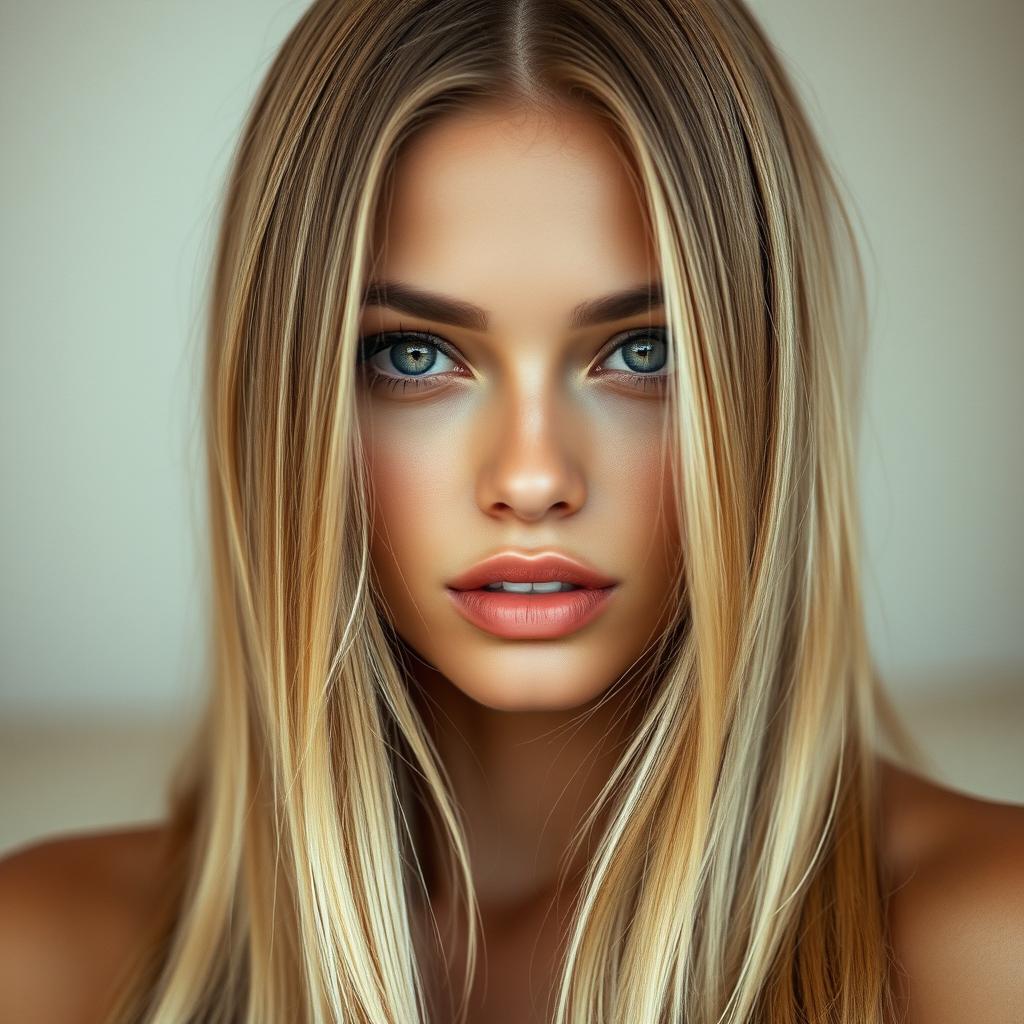 A sexy young woman with medium lips and long straight blonde hair, her captivating face featuring flawless skin, captured in a full body shot