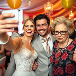 A cheerful bride is taking a selfie, her bright smile radiating joy as she poses with her handsome and attractive groom, who exudes charm