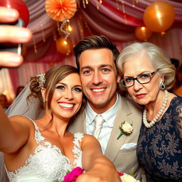 A cheerful bride is taking a selfie, her bright smile radiating joy as she poses with her handsome and attractive groom, who exudes charm