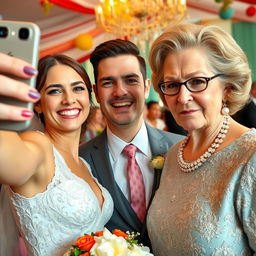 A cheerful bride is taking a selfie, her bright smile radiating joy as she poses with her handsome and attractive groom, who exudes charm