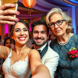 A cheerful bride is taking a selfie, her bright smile radiating joy as she poses with her handsome and attractive groom, who exudes charm