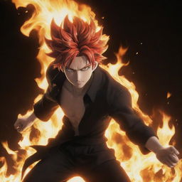 A dynamic male anime character with flaming hair and eyes, posed in the midst of casting a spectacular fire-based technique.