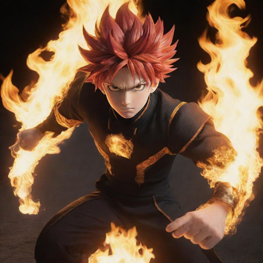 A dynamic male anime character with flaming hair and eyes, posed in the midst of casting a spectacular fire-based technique.