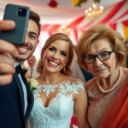 A joyful bride is taking a selfie, her beaming smile full of happiness as she poses with her handsome and attractive groom, who has an infectious charm