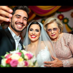 A joyful bride is taking a selfie, her beaming smile full of happiness as she poses with her handsome and attractive groom, who has an infectious charm