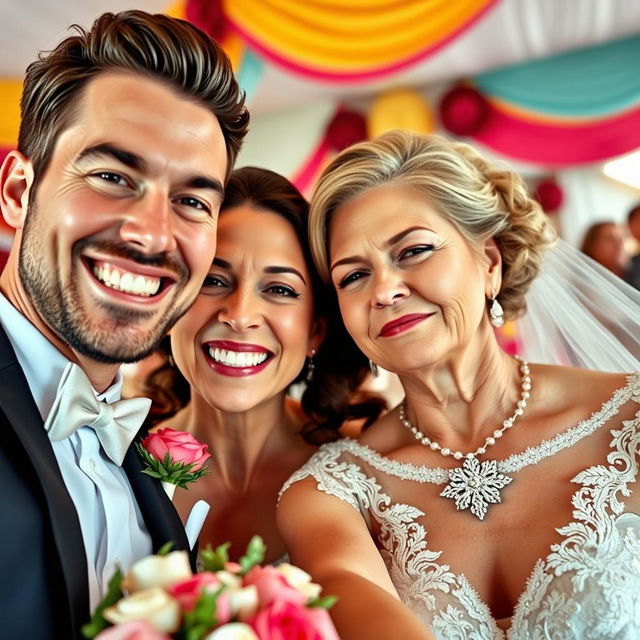 A joyful bride is taking a selfie, her beaming smile full of happiness as she poses with her handsome and attractive groom, who has an infectious charm