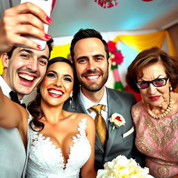 A joyful bride is taking a selfie, her beaming smile full of happiness as she poses with her handsome and attractive groom, who has an infectious charm