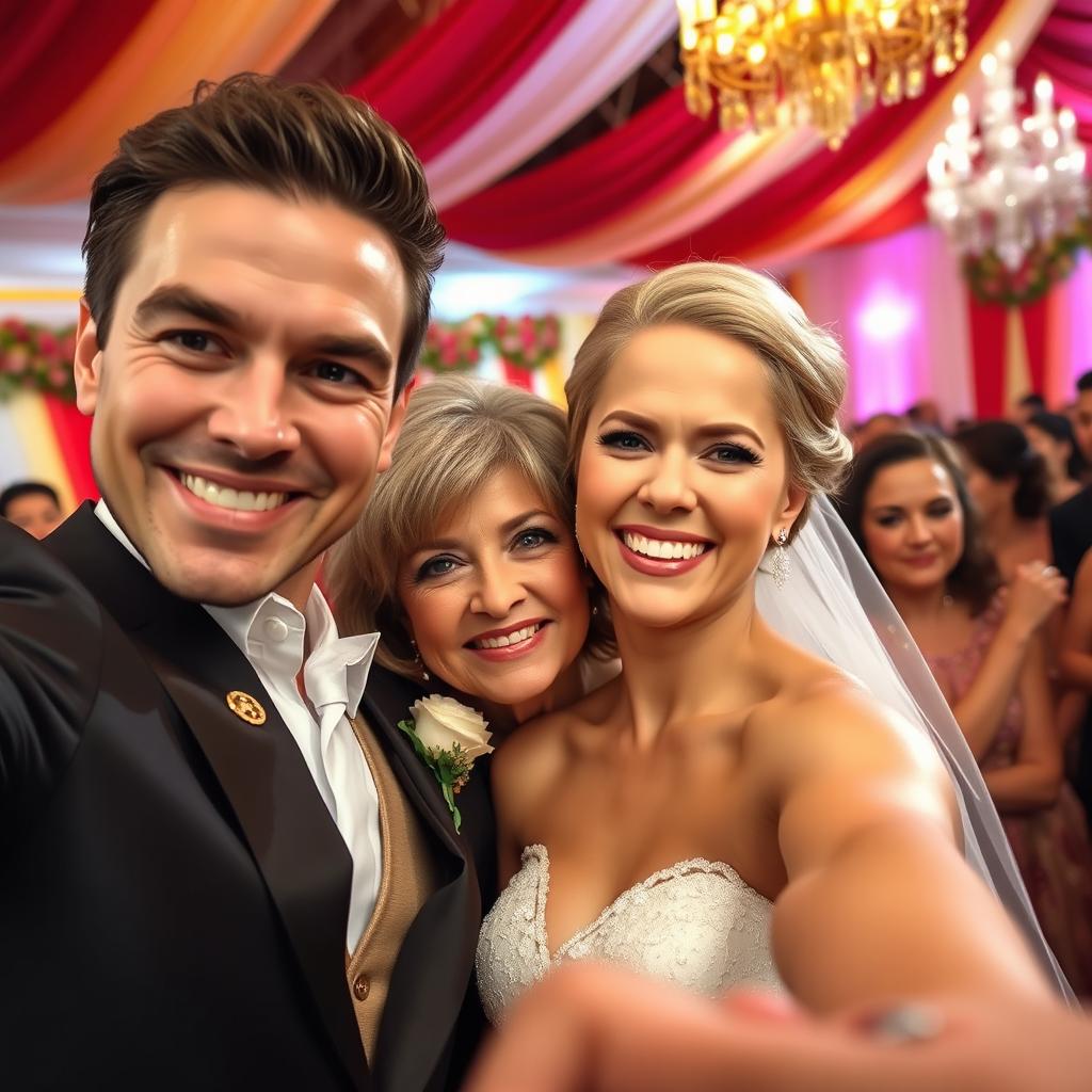 A cheerful bride taking a selfie, her beaming smile radiating joy as she poses with her handsome and attractive groom, who exudes charisma