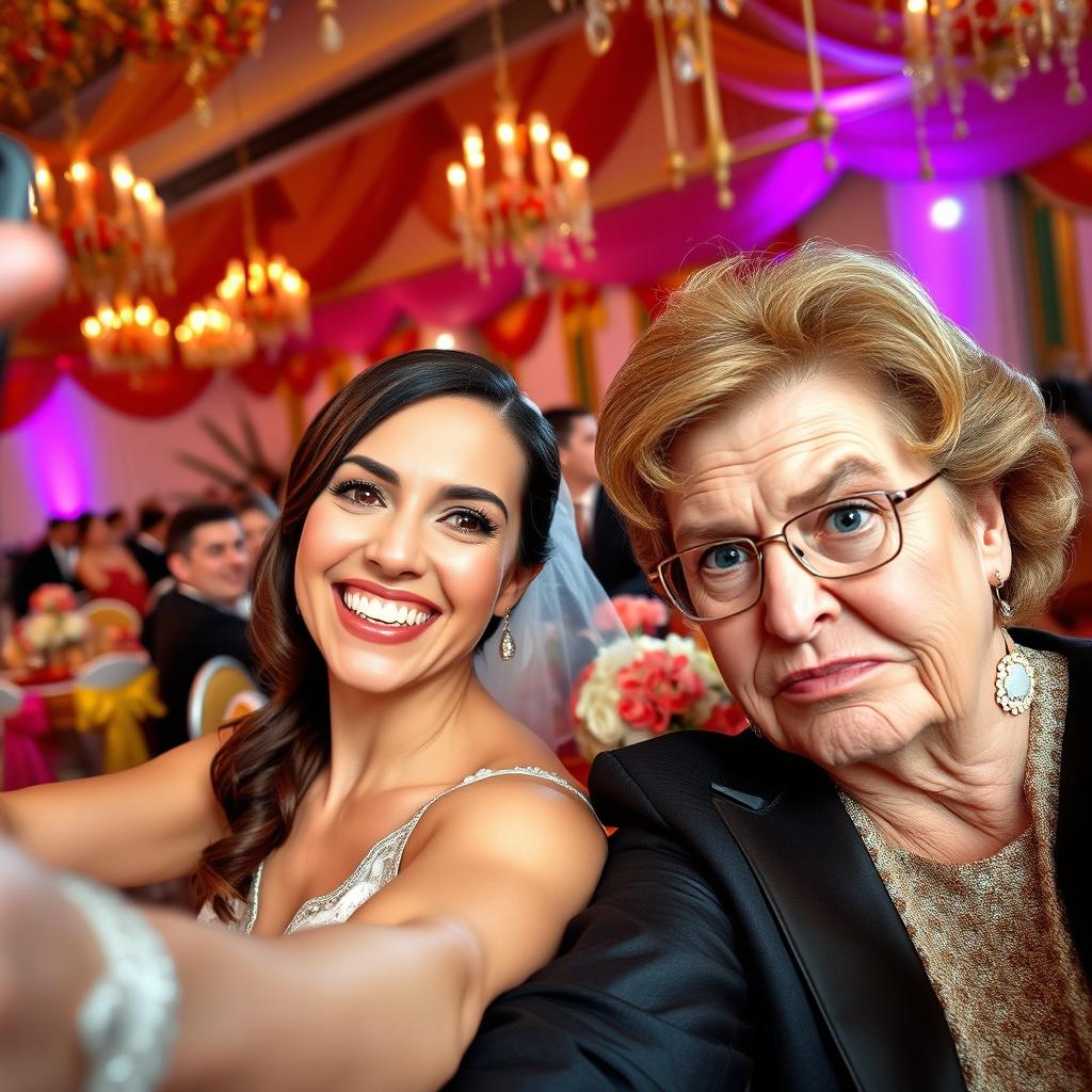 A cheerful bride taking a selfie, her beaming smile radiating joy as she poses with her handsome and attractive groom, who exudes charisma